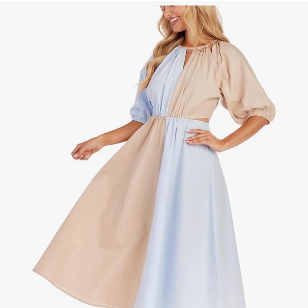 Mud Pie Beige and Light Blue Colorblock Midi Dress